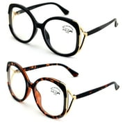 2 Pairs Women Oversized Fashion Butterfly Anti Blue Ray UV Reading Glasses Metal Accent Readers +3.00