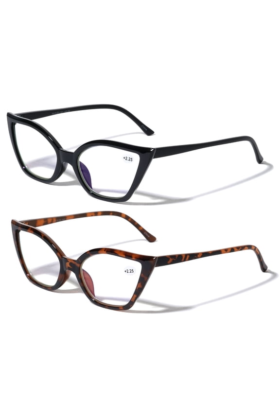 2 Pairs Women Pointed Tip Cat Eye Anti-Blue Reading Glasses - Clear Lens UV Protection Computer Readers +1.00