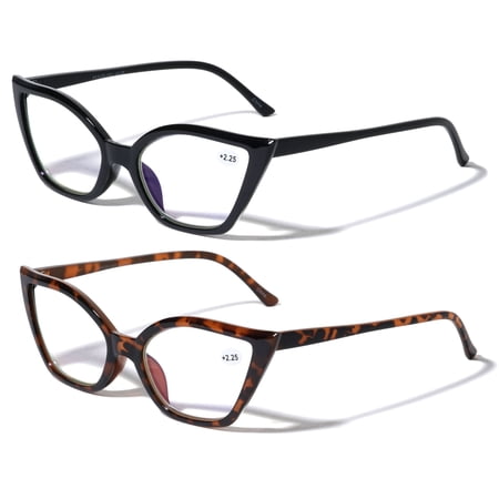 2 Pairs Women Pointed Tip Cat Eye Anti-Blue Reading Glasses - Clear Lens UV Protection Computer Readers +2.00