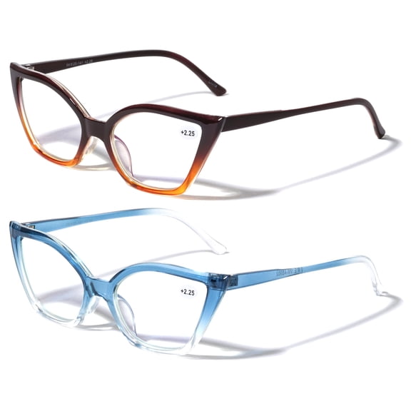 2 Pairs Women Pointed Tip Cat Eye Anti-Blue Reading Glasses - Clear Lens UV Protection Computer Readers +2.75
