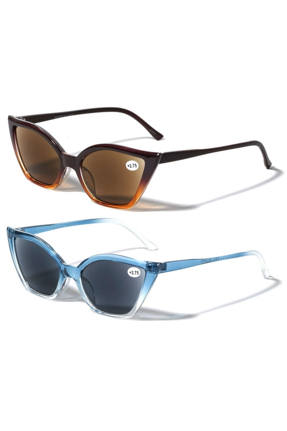 2 Pairs Women Pointed Tip Cat Eye Outdoor Reading SunGlasses - Tinted UV Protection Readers Glasses +1.25