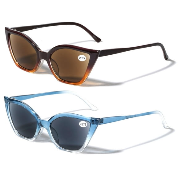 2 Pairs Women Pointed Tip Cat Eye Outdoor Reading SunGlasses - Tinted UV Protection Readers Glasses 1.50