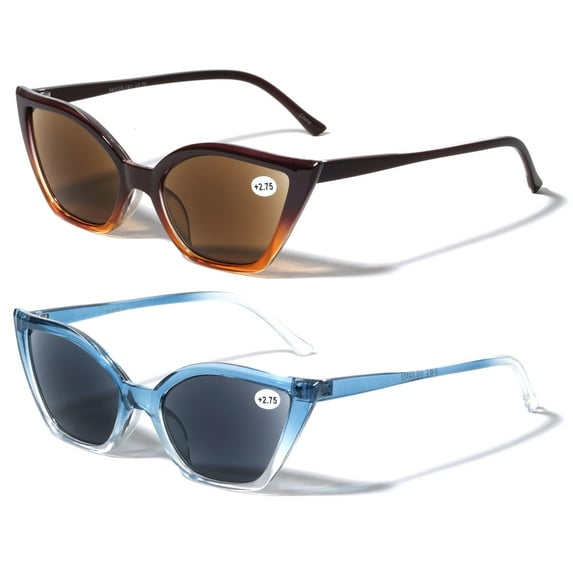 2 Pairs Women Pointed Tip Cat Eye Outdoor Reading SunGlasses - Tinted UV Protection Readers Glasses +3.00