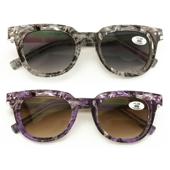 2 Pairs Women Reading Sunglasses - Gradient Tinted Reader - Marble Camouflage Print Optical Frame UV Protection Glasses +1.00