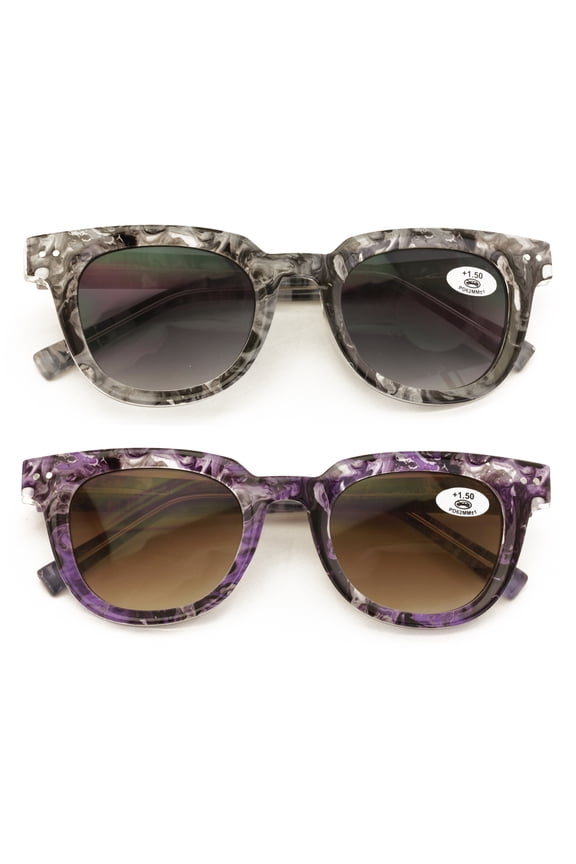 2 Pairs Women Reading Sunglasses - Gradient Tinted Reader - Marble Camouflage Print Optical Frame UV Protection Glasses +2.50