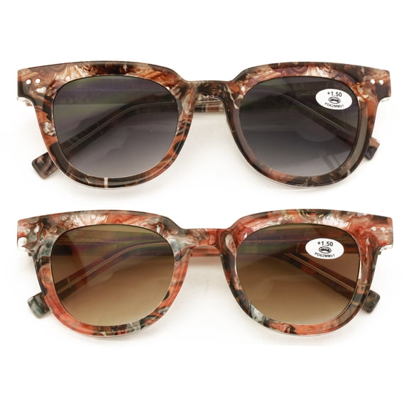 2 Pairs Women Reading Sunglasses - Gradient Tinted Reader - Marble Camouflage Print Optical Frame UV Protection Glasses +3.00