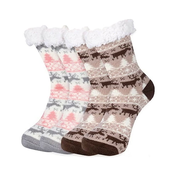 2 Pairs Women Winter Fleece Lined Socks Soft Fuzzy Warm Cozy Winter Socks Slipper Stockings with Christmas Elk, Purple