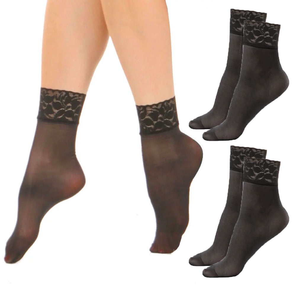 2 Pairs Women's Ankle High Trouser Socks Lace Opaque Sheer Nylon Black