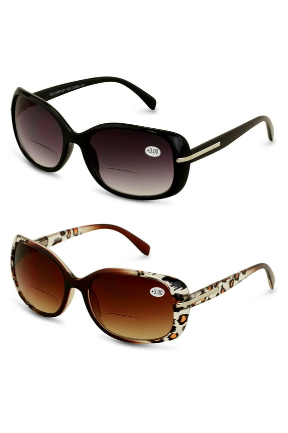 2 Pairs Women's Bifocals Reading Sunglasses Reader Glasses Vintage Outdoor Black and Leopard