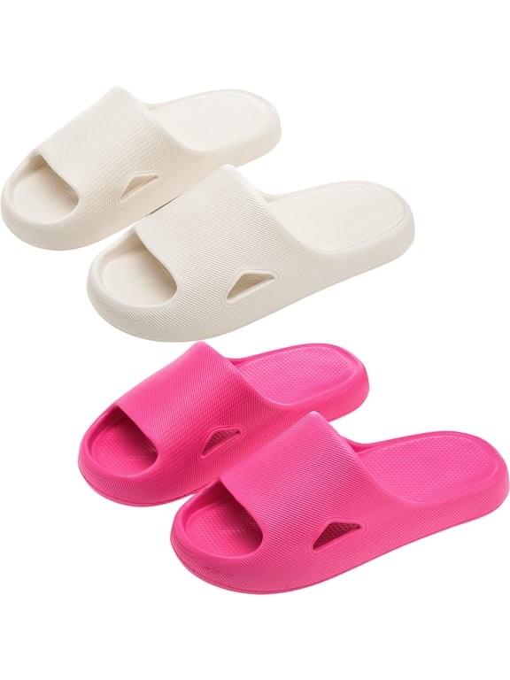 2 Pairs Women‘s Cloud Slides, EVA Non Slip Lightweight House Slippers for Indoor Outdoor, Shower Shoes for Bathroom and Pool