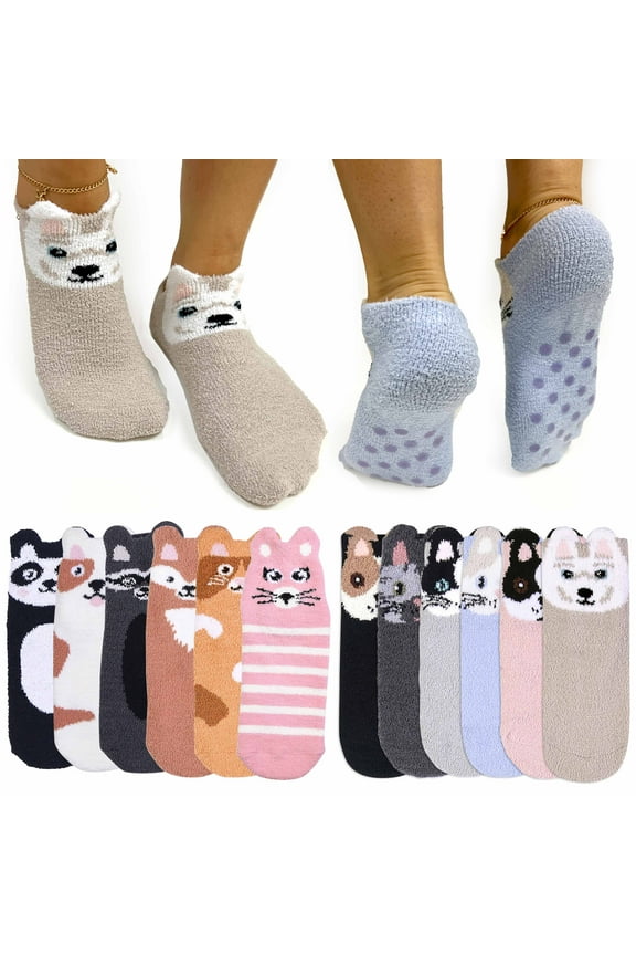 2 Pairs Women's Girl's Cozy Fuzzy Socks Ankle Non-Skid Grip Animal Slipper 6-8