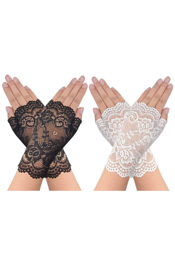 2 Pairs Women's Lace Gloves Fingerless Floral Gloves for Bridal Prom Wedding Party Costume Accessories