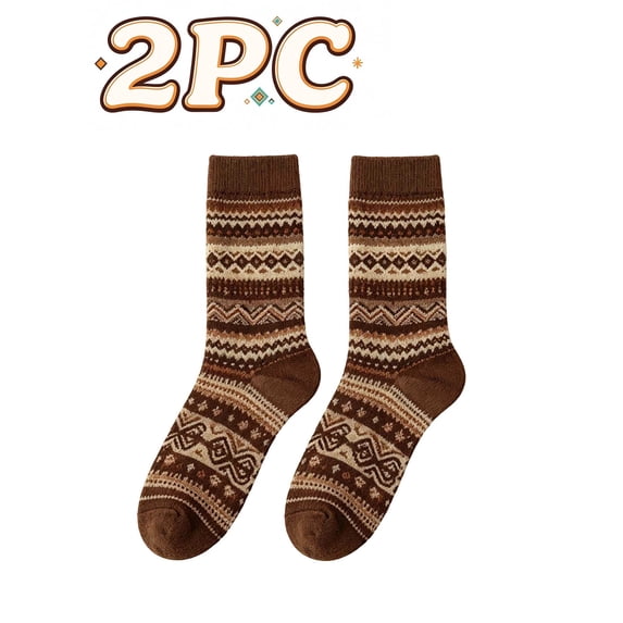 2 Pairs Women's Retro Bohemian Printed Crew Socks Ladies Fall Winter Vintage Soft Stylish Mid-Calf Warm Socks One Size