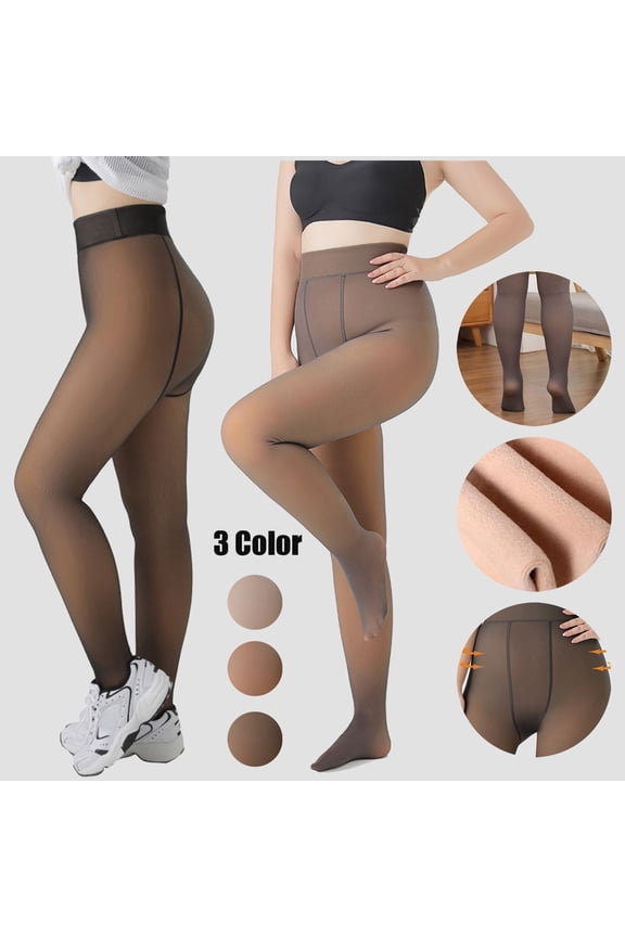 2 Pairs Women's Thermal Fleece Lined Tights, Opaque Stockings Pantyhose Extra Warm Winter Leggings, Plus Size Large Tights for Daily Wear and Casual Outfits - Black+Coffee