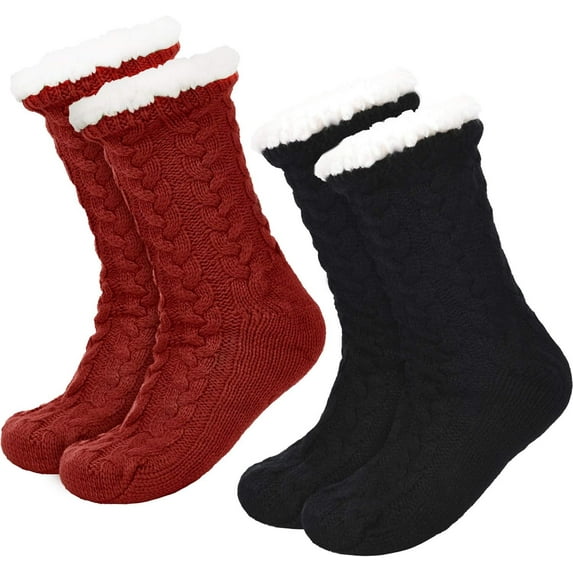 2 Pairs Women's Warm Slipper Socks Christmas Fuzzy Socks Fleece-lined Non Slip Slipper Socks