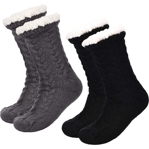 2 Pairs Women's Warm Slipper Socks Christmas Fuzzy Socks Fleece-lined Non Slip Slipper Socks
