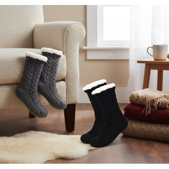2 Pairs Women's Winter Fuzzy Slipper Socks with Grippers Fleece Lined Warm Christmas Non Slip Socks Men Home Gift