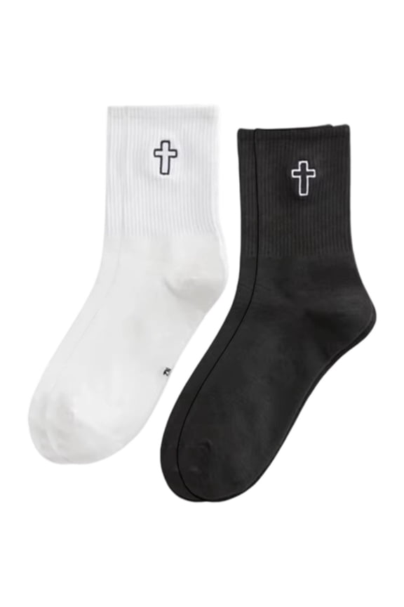 2 Pairs Womens Crew Socks, White Black Sports Socks Plain Cushioned Trainer Socks Breathable Cotton Athletic Socks for Running Training