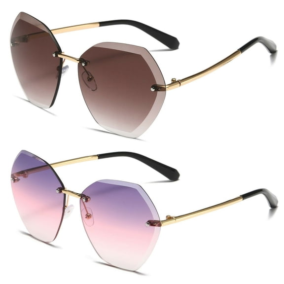 2 Pairs Womens Oversized Rimless Sunglasses for Driving Outdoor Activity Sports UV 400