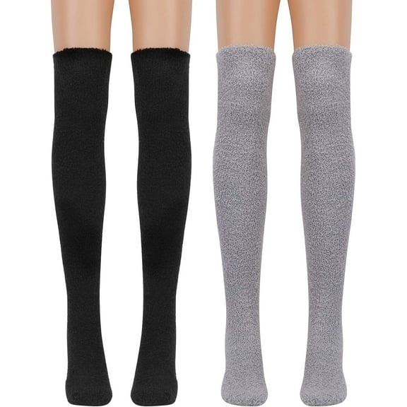 2 Pairs Womens Thigh High Fuzzy Socks Warm Winter Over Knee High Long Socks Fluffy Cozy Fleece Socks