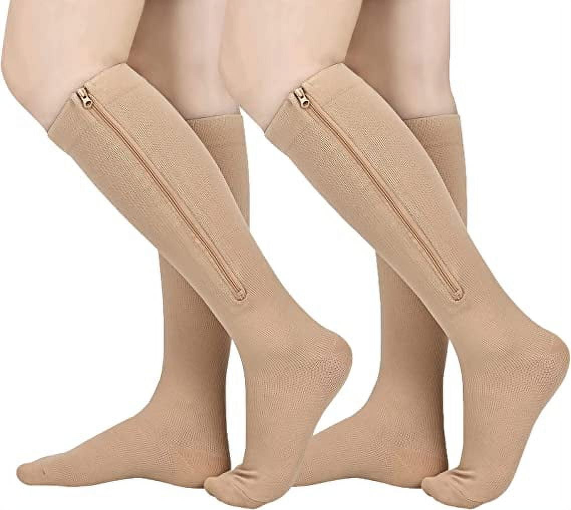 2 Pairs Wukang 15-20 mmHg Beige L/XL Size Zipper Compression Socks Closed Toe Knee High Compression Stockings for Men & Women