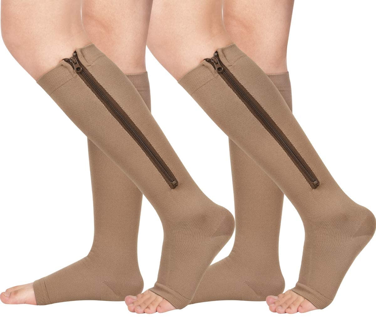 2 Pairs Wukang 15-20 mmHg L/XL Size Zipper Compression Socks Open Toe Nylon  Beige Socks for Men & Women 