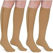 2 Pairs Wukang Zipper Compression Socks for Women & Men, 15-20 mmHg Closed Toe Compression Stocking with Zipper (Beige, S/M)