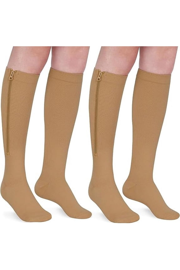 2 Pairs Wukang Zipper Compression Socks for Women & Men, 15-20 mmHg Closed Toe Compression Stocking with Zipper (Beige, S/M)