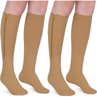 2 Pairs Wukang Zipper Compression Socks for Women & Men, 15-20 mmHg Closed Toe Compression Stocking with Zipper (Beige, XXL)