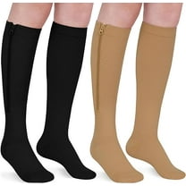 2 Pairs Wukang Zipper Compression Socks for Women & Men, 15-20 mmHg Closed Toe Compression Stocking with Zipper (Black Beige)