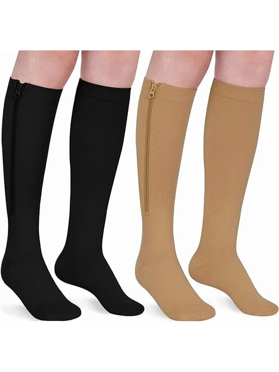 2 Pairs Wukang Zipper Compression Socks for Women & Men, 15-20 mmHg Closed Toe Compression Stocking with Zipper (Black+Beige)