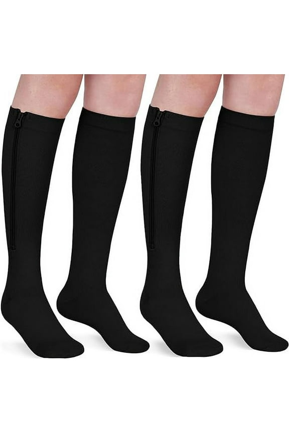 2 Pairs Wukang Zipper Compression Socks for Women & Men, 15-20 mmHg Closed Toe Compression Stocking with Zipper (Black, XXL)