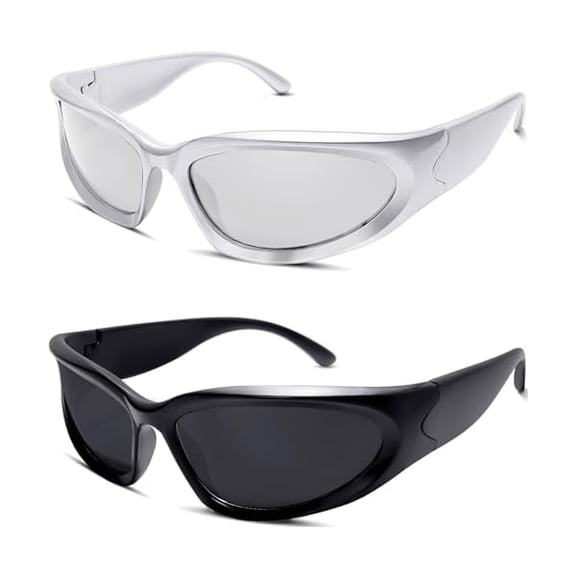 2 Pairs Y2K Wrap Around Sunglasses Sports Futuristic Oval Glasses for Women Men Trendy Fashion Shades Silver