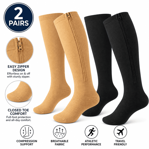 2 Pairs Zipper Compression Socks, Closed Toe Knee High Athletic Support for Running, Hiking, Traveling, M Size