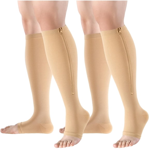 [2 Pairs] Zipper Compression Socks Open Toe 15-20mmHg for Women Knee High Support Socks for Running Cycling