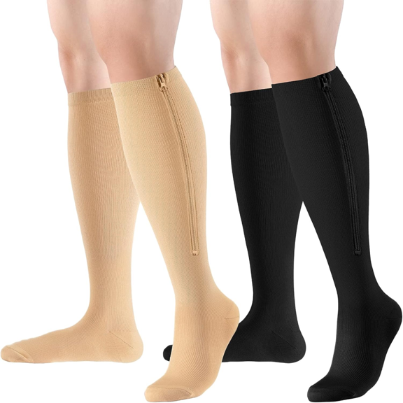 2 Pairs Zipper Compression Socks for Women & Men, 15-20 mmHg Closed Toe Compression Stocking with Zipper S-M