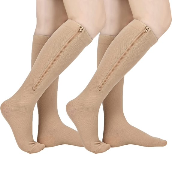 2 Pairs Zipper Copper Compression Socks for Women & Men Circulation 15-20 mmhg - Better Blood Flow, Swelling, Best Support for Medical, Running, Nursing