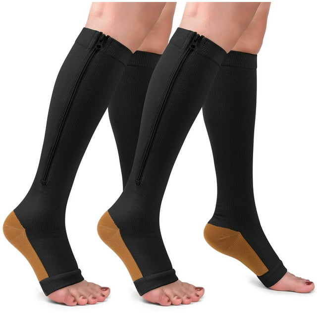 2 Pairs Zipper Open Toe Copper Compression Socks for Women & Men ...