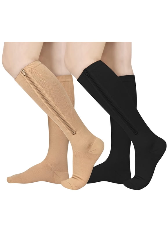 2 Pairs Zipper Pressure Compression Socks Stockings Leg - Open Toe Knee High - 20-30 mmHg - Circulation, Varicose Veins, Swollen Legs, Zipper