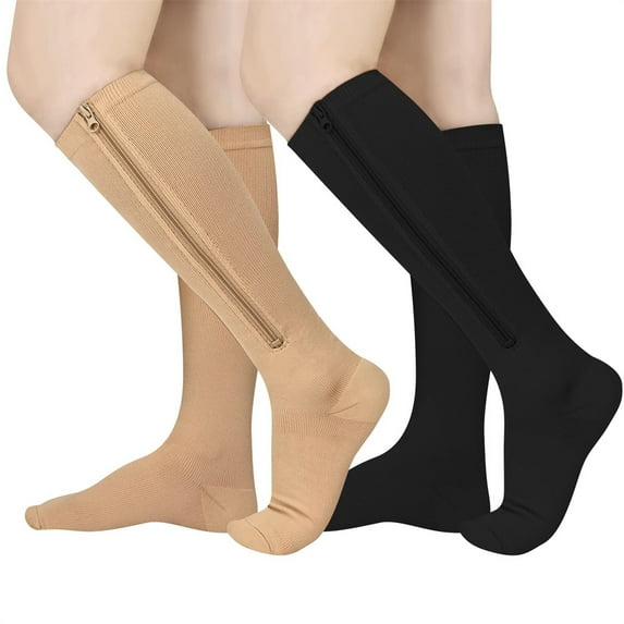 2 Pairs Zipper Pressure Compression Socks Stockings Leg - Open Toe Knee High - 20-30 mmHg - Circulation, Varicose Veins, Swollen Legs, Zipper