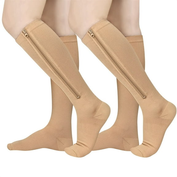 2 Pairs Zipper Pressure Compression Socks Stockings Leg - Open Toe Knee High - 20-30 mmHg - Circulation, Varicose Veins, Swollen Legs, Zipper