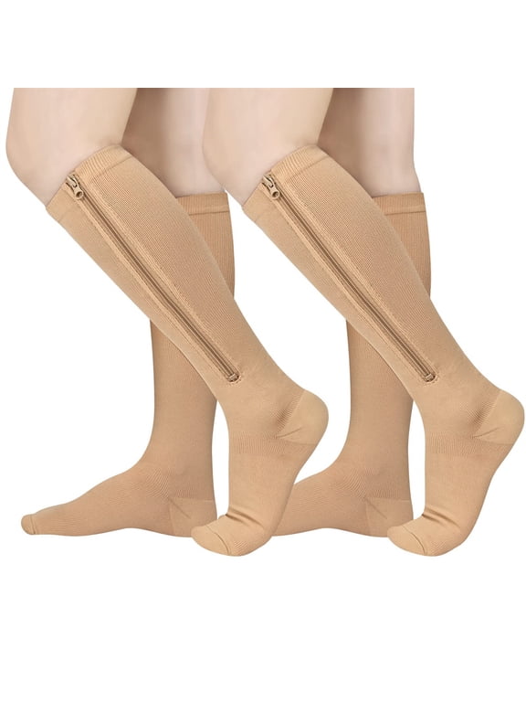 2 Pairs Zipper Pressure Compression Socks Stockings Leg - Open Toe Knee High - 20-30 mmHg - Circulation, Varicose Veins, Swollen Legs, Zipper
