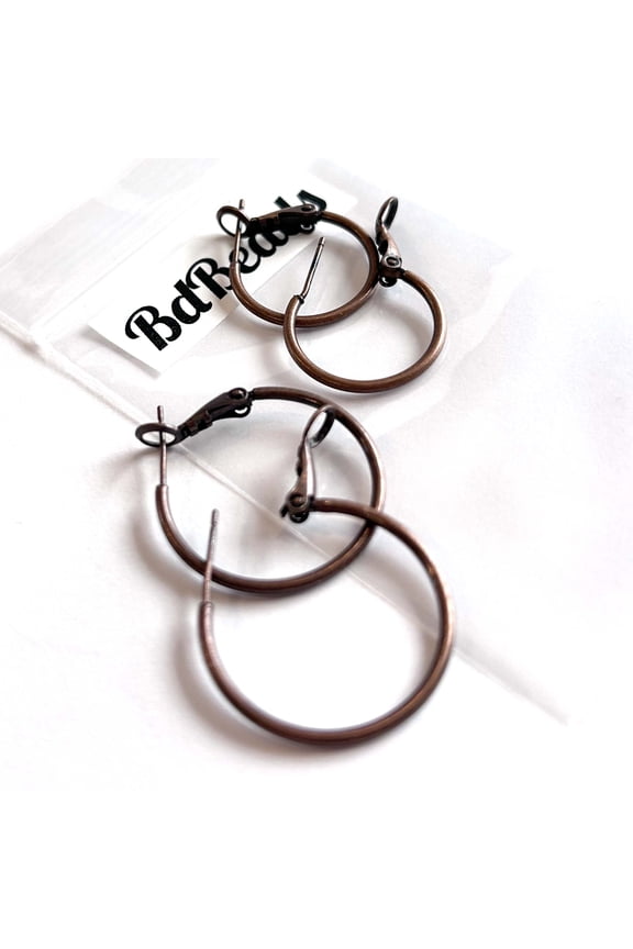 2 Pairs of BdBeads Antique Copper Hoop Earrings, Small 3/4 Inch and Big 1 Inch, Hinged Lever Omega Back