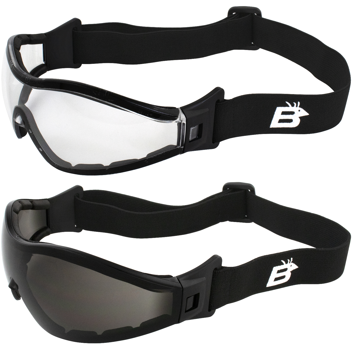 2 Pairs of Birdz Eyewear Boogie Foam Padded Motorcycle Ski Skydiving Z87.1 Safety Goggles Black Frames with Clear & Smoke Anti-Fog Lenses - image 1 of 7