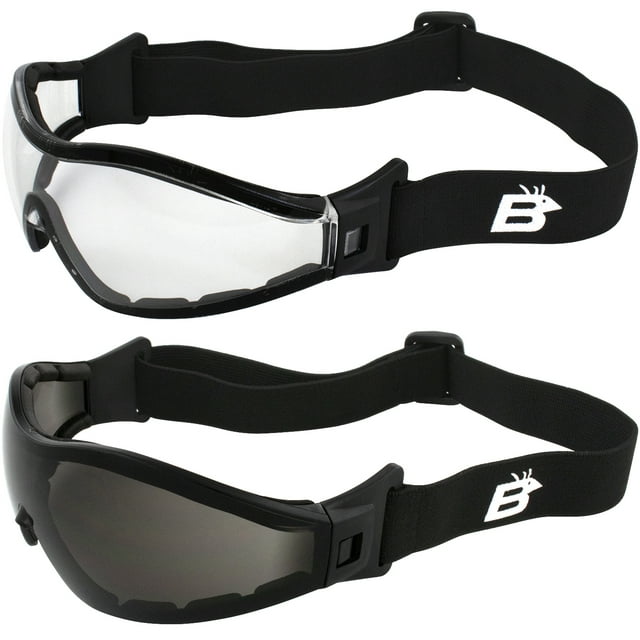 2 Pairs of Birdz Eyewear Boogie Foam Padded Motorcycle Ski Skydiving Z87.1 Safety Goggles Black Frames with Clear & Smoke Anti-Fog Lenses