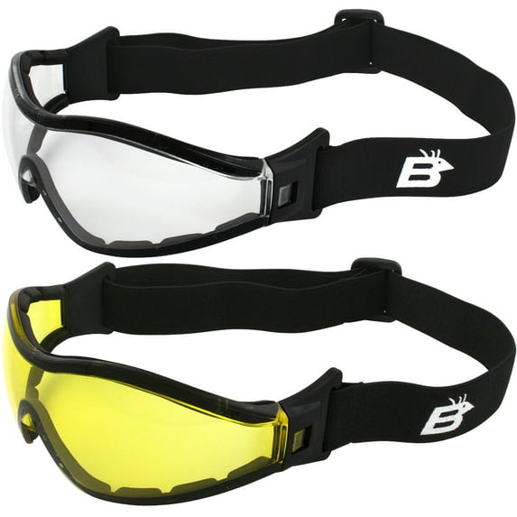 Birdz Eyewear Boogie Foam Padded Motorcycle Ski Skydiving Z87.1 Safety Goggles 2 Pairs Black Frames with Clear & Yellow Anti-Fog Lenses