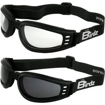 2 Pairs of Birdz Eyewear Cardinal Women's Padded Floating Motorcycle Goggles Black Frames with Clear & Smoke Lenses