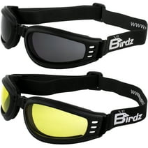 2 Pairs of Birdz Eyewear Cardinal Women's Padded Floating Motorcycle Goggles Black Frames with Smoke & Yellow Lenses