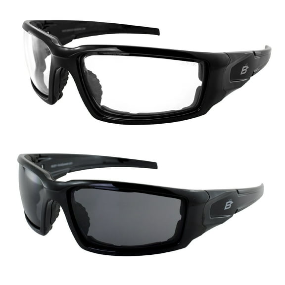 2 Pairs of Birdz Eyewear Osprey Foam Padded Motorcycle Safety Sunglasses Black Frame Smoke & Clear Lenses