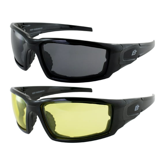 Birdz Eyewear Osprey Foam Padded Safety Motorcycle Sunglasses 2 Pairs Black Frames with Smoke & Yellow Lenses